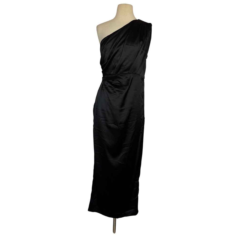 Petal & Pup Women Black Satin One Shoulder Maxi Dress Pleated Hight Slit SZ 8